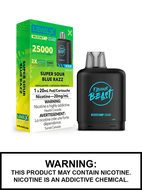 Super Sour Blue Razz Iced Flavour Beast Level X Boost G2 Pods