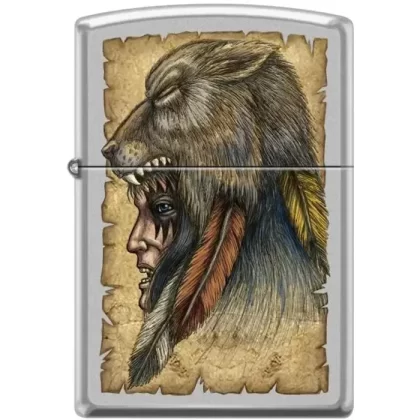 Zippo Lighter – Wolf Headdress Satin Chrome