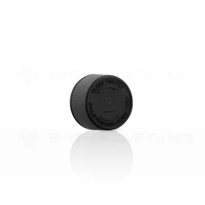 Child Resistant Plastic Caps | Embossed Text w/ Foam Liner | 24mm – Black