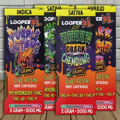 Looper XL Live Resin Vape Cartridge 2g - strain#Cake Bomb (Hybrid) CARTRIDGE>Green Crack X Chemdawg (Sativa) CARTRIDGE>Ghost Train Haze (Sativa) CARTRIDGE>Hardcore OG (Indica) CARTRIDGE>Jeal (0F05E2)