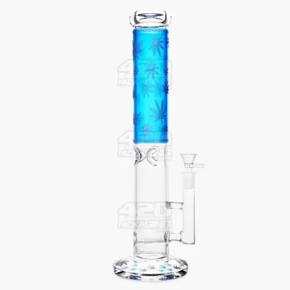 Straight Neck Leaf Decal Inline Perc Glass Water Pipe w/ Ice Catcher | 14in Tall – 14mm Bowl – Blue