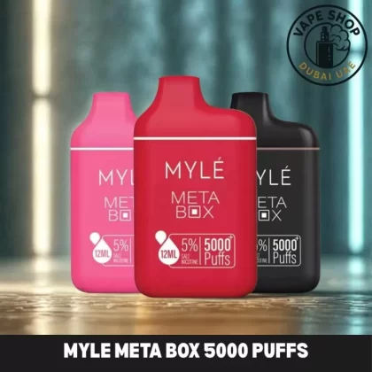 Myle Meta Box 2% & 5% nicotine 5000 Puffs rechargeable Disposable Vape in Dubai - Blueberry Lemon, ceorgia peach