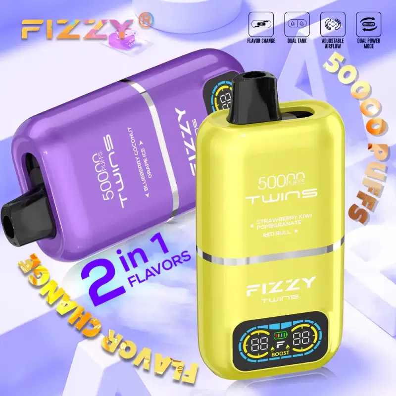 FIZZY Twins 50000 – 50K Puffs Two Modes 50ml E-liquid Disposable Vape - 50000 puffs; Vape Product, Vape Product; Blue Razz Lemonade & Triple Melon, Blueberry Coconut & Grape Ice