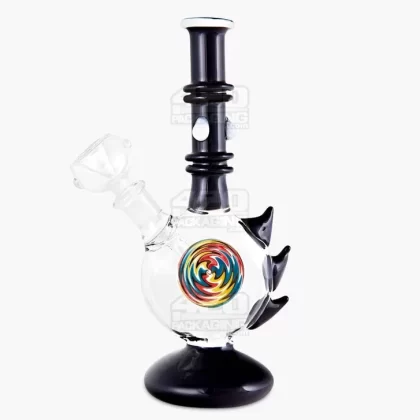 Straight Neck Wig Wag Circular Flask Glass Water Pipe w/ Triple Spikes | 8in Tall – 14mm Bowl – Black