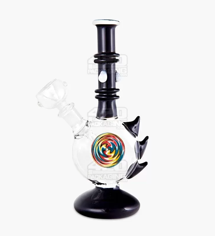 Straight Neck Wig Wag Circular Flask Glass Water Pipe w/ Triple Spikes | 8in Tall – 14mm Bowl – Black
