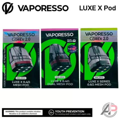 Vaporesso Luxe X Replacement Pods 2 Pack - Corex 2.0 Luxe X 0.4ohm Mesh Pods 5mL - 2 Pack, Corex 2.0 Luxe X 0.6ohm Mesh Pods 5mL - 2 Pack