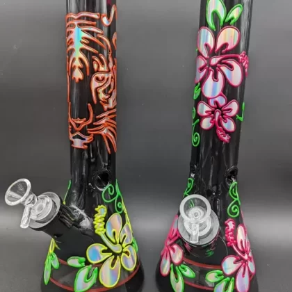 14″ Black Glass Metallic Floral Beaker Bong