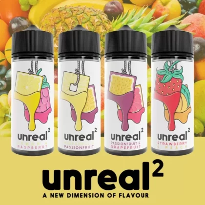 Unreal 2 100ml Shortfill E-Liquid - Flavour#Dark Grape & Bubblegum>Lemon & Raspberry>Passionfruit & Grapefruit>Pineapple & Passionfruit>Strawberry & Peach