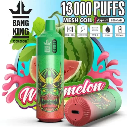 Bang King 13000 Puffs Disposable Vape - Flavors#Rassberry Watermelon>Mixed Berry>Strawberry Watermelon>Watermelon Ice>Peach Ice>Peach Blueberry>Aloe Grape>Blue Razz Ice>Passion Kiss>Mango Pe