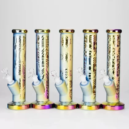 11″ Straight Tube Electroplated Metaliic Finish w/ Intricate Patterns Glass Bong – Pattern 2