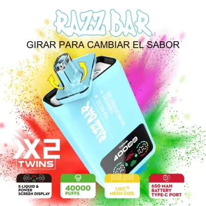 Razz Bar 40000 – 40K Puffs 650mAh Dual-tank System Disposable Vape Wholesale Price - 40000 puffs; Vape Product, Vape Product; Blue Razz ice / strawberry watermelon bubble gum, Blueberry ice