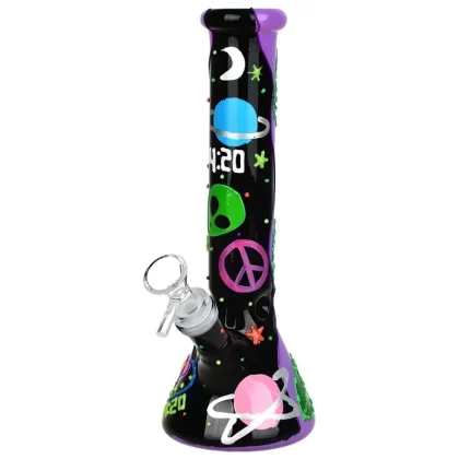 420 Beam Me Up Beaker Glow In The Dark Glass Bong