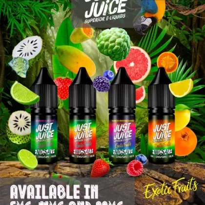 Just Juice Exotic Fruits Nic Salts - Flavour#Lulo & Citrus Ice>Guanabana & Lime on Ice>Cherimoya Grapefruit & Berries>Strawberry & Curuba>Pineapple Papaya & Coconut~Nic Salt Strength#5mg>11m (5EDE67)
