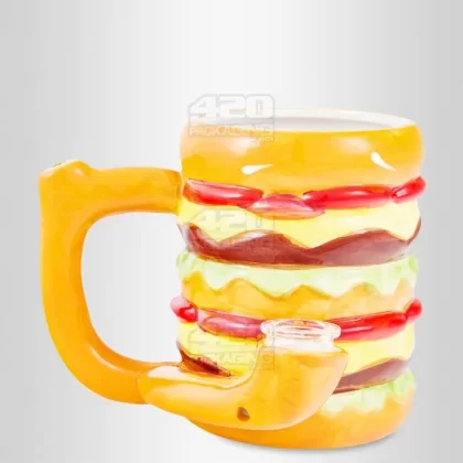 Double Cheeseburger Mug Painted Ceramic Pipe | 4.5in Tall – Glass Bowl – Mixed