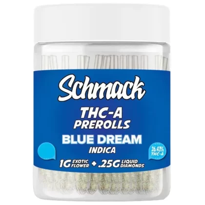 Schmack THC-A Pre-Rolls – 25ct - Strain#Blue Dream (I)>Gelato (I)>Skywalker OG (S)>Sour Diesel (S)>Zkittlez (H)~Count#1 Pack>2 Pack (10% off)>3 Pack (10% off)