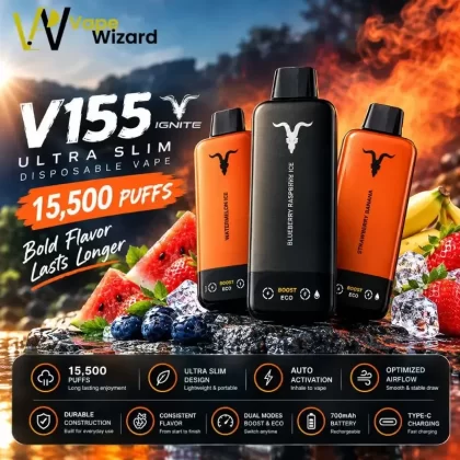 IGNITE V155 15500puffs Disposable Vape Ultra Slim Pod Kit in the UAE - Blueberry Ice, Grape Ice; Vape Product, Box of 5pcs (00808D)