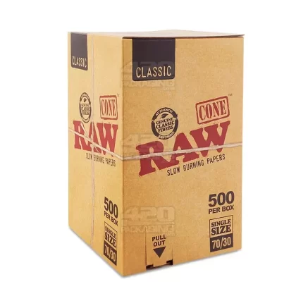 RAW | Classic Single Size Pre-Rolled Cones | 70mm – Unbleached Paper – 500 Count