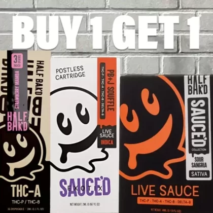 B1G1 Half Bak’d Cartridge & Disposable Bundle - strain#Angel Food (Sativa) CARTRIDGE>Peach Ringz (Indica) CARTRIDGE>PB + J Souffle (Indica) CARTRIDGE>L.A. Pop Rockz (Hybrid) CARTRIDGE>Honey (323A2B)