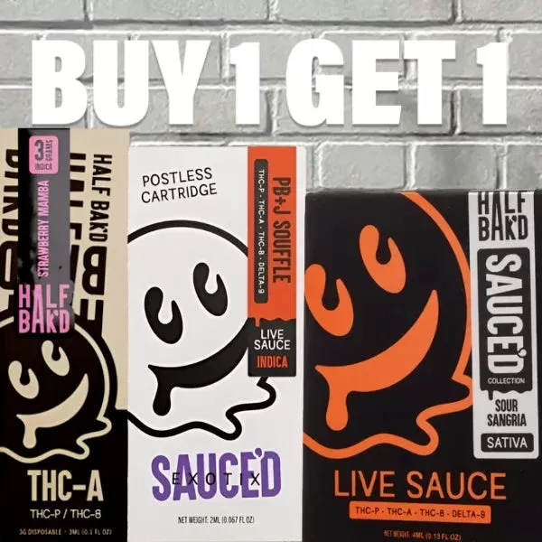 B1G1 Half Bak’d Cartridge & Disposable Bundle - strain#Angel Food (Sativa) CARTRIDGE>Peach Ringz (Indica) CARTRIDGE>PB + J Souffle (Indica) CARTRIDGE>L.A. Pop Rockz (Hybrid) CARTRIDGE>Honey (323A2B)
