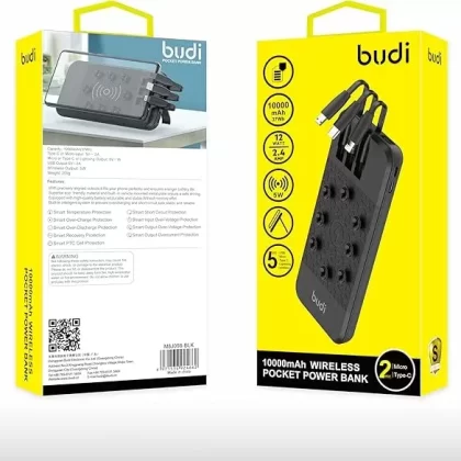 Wireless 10000mAh Power bank with 3 integrated cables by Budi
