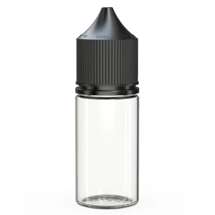 CHUBBY GORILLA | Child Resistant Stubby Unicorn PET Dropper Bottles Clear | 30mL – w/ Black Lid – 1000 Count