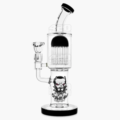 PIT BULL | Bent-Neck Double Tree Perc Glass Water Pipe w/ Thick Base | 12in Tall – 14mm Bowl – Black