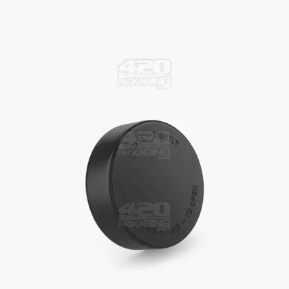 Child Resistant | Smooth Push Down & Turn Plastic PCR Caps w/ Text & Foam Liner | 50mm – Matte Black – 100 Count
