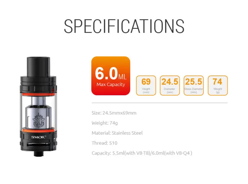 SMOK TFV8 SUB Ohm 6.0ML Tank Atomizer - Stainless - Image 2