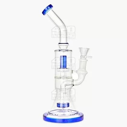 Double Chamber | Bent Neck Showerhead Perc Glass Beaker Water Pipe w/ Thick Base | 12in Tall – 18mm Bowl – Blue