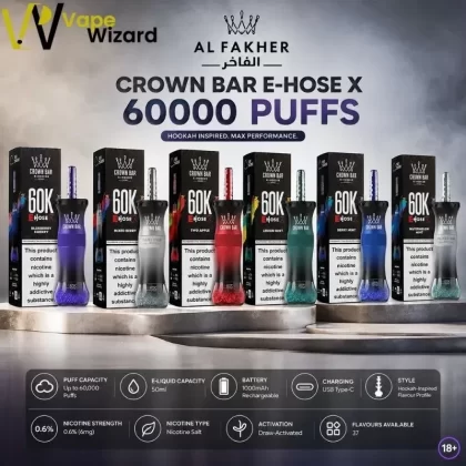 Al Fakher Crown Bar E-Hose X 60000 Puffs Hookah Disposable Vape - Berry Blue, Berry Ice; Vape Product, Box of 10 Pcs (45012E)