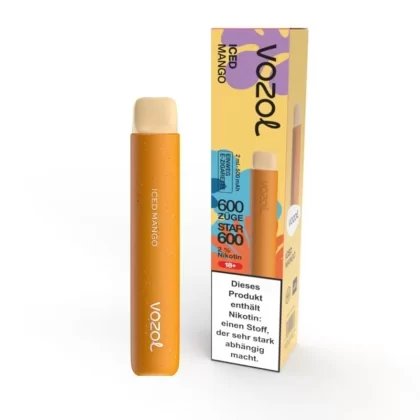 Vozol Star 600 – Iced Mango - Vozol / Propylenglykol / pflanzliches Glycerin / Aromastoffe / Nikotinsalz / 500 mAh / 20mg/ml / ca. 600