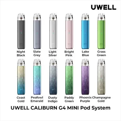 Uwell Caliburn G4 Mini Pod System - Option#Night Black>Slate Grey>Light Silver>Bright Pink>Lake Blue>Grass Green>Coast Gold>Peafowl Emerald>Dusty Indigo>Paddy Green>Phoenix Purple>Champagne
