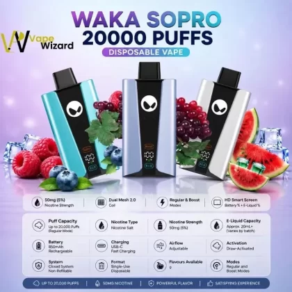 WAKA Sopro 20000 Puffs 50mg Disposable Vape - Blue Razz Blackberry, Blueberry Cranberry Cherry