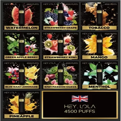 HEY LOLA 4500 PUFFS - FLAVOR#BLUE RAZZ LEMONADE>WATERMELON>STRAWBERRY KIWI>TOBACCO>PINEAPPLE>GREEN APPLE BERRY>KIWI PASSION GUAVA>MANGO>MENTHOL>STRAWBERRY GRAPE