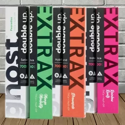 Ghost X Extrax THCa + D9 Double Up Disposables 3.5g - strain#Rainbow Runtz X Strawberry Shortcake (Indica) DISPOSABLE>Dreamsicle X Wookies (Hybrid) DISPOSABLE>Mango Mentality X Pearadise (Sa (37AA4B)