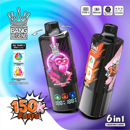Bang Legend 150000 – 150K Puffs 6 in 1 Flavors Triple Mesh Coils Disposable Vape - 150000 puffs; Vape Product, Vape Product; Peach Ice / Mango Peach / Blueberry Peach + combos, Pineapple Ice