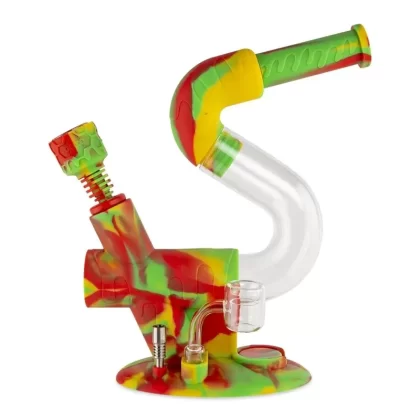 Ooze Swerve 4-in-1 Silicone Water Pipe n Nectar Collector – 11in - Color#Rasta>Purple>Chameleon>Aqua Teal