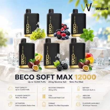 Beco Soft Max 12000 Puffs 20mg Disposable Vape - Blueberry Ice, Blueberry Raspberry; Vape Product, Box of 10 Pcs (0C9763)