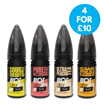 5mg Riot Squad Black Edition V2 Nic Salts 10ml (50VG/50PG) - Mango Vanilla Icecream, Pure Frozen Acai
