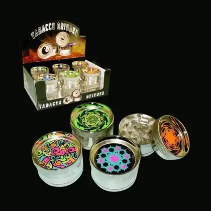 Metal 3-Piece Grinder with Black-light Designs – 12 Pack - Vape Store