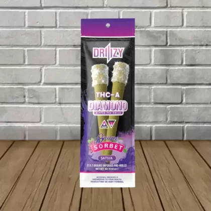 DRIIIZY Diamond Dipped THCa Prerolls 2g - strain#Alaskan Thunder Fuck -- Sativa>Blue Zkittlez -- Hyrbid>Grape Sorbet -- Sativa>Strawberry Gelato -- Hybrid>Sticky Ricky -- Indica