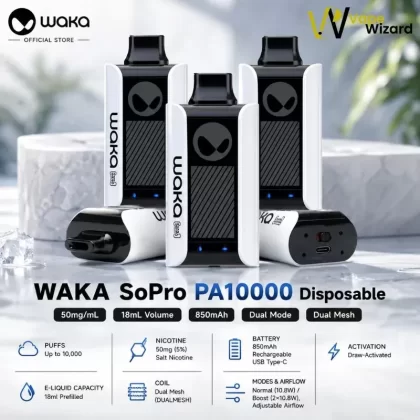 WAKA Sopro 10000 Puffs Disposable Vape - Banana Ice, Blueberry Raspberry; Vape Product, Box of 10 Pcs
